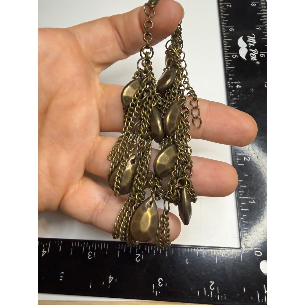 Antique Brass Multi Strand Chain Fringe Bracelet Hammered Teardrop Boho Edgy